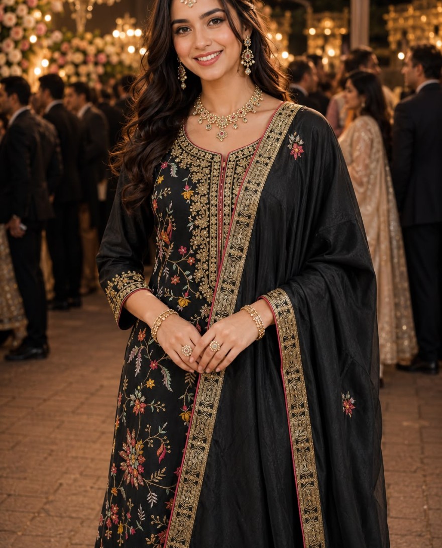BLACK - Black Chinon Palazzo Salwar Suit with Embroidered and Sequins Work